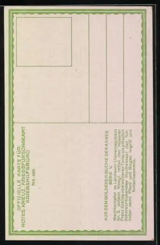 AK Rotes Kreuz Nr. 496, Wachtmeister im Landwehr-Ulanenregiment Nr. 2 Johann Rinagl rettet den Husaren Franz Szally