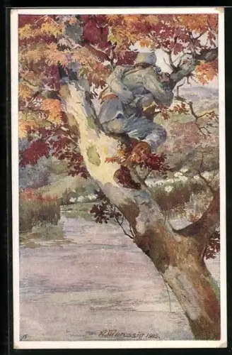 Künstler-AK Rotes Kreuz Nr. 350, Franz Pogatsch erklettert einen Baum um feindliche Batterie ausfindig zu machen5