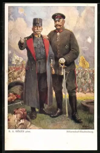 Künstler-AK Rudolf Alfred Höger: Paul von Hindenburg und Hötzendorf blicken über das Schlachtfeld
