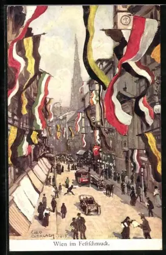 Künstler-AK Wien, Strassenpartie im Festschmuck mit Fahnen des Zweibunds