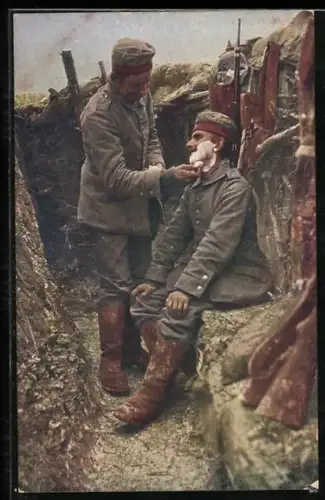 AK Der Barbier im Schützengraben, Soldaten bei der Rasur
