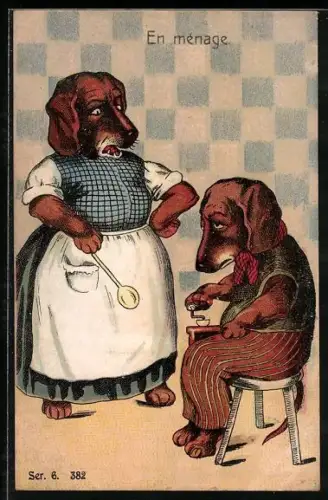AK Vermenschlichte Dackel mit Kaffeemühle