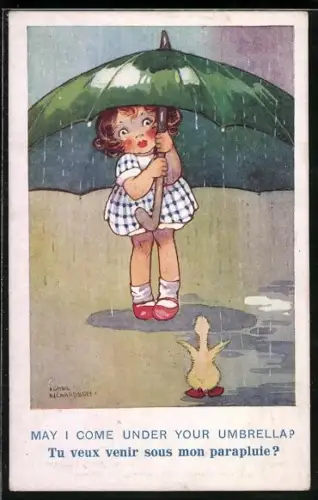 Künstler-AK Agnes Richardson: Küken möchte unter den Schirm eines Mädchens