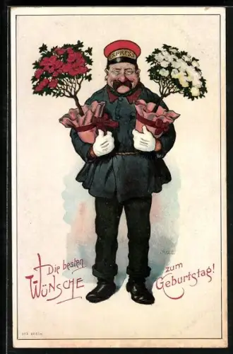 Künstler-AK P. O. Engelhard (P.O.E.): Expressbote mit zwei blühenden Pflanzen in Töpfen