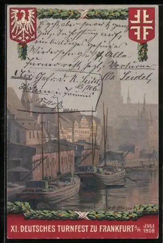 Künstler-AK Frankfurt, XI. Deutsches Turnfest Juli 1908 Wert 5 RPf