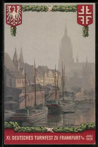 Künstler-AK Frankfurt, XI. Deutsches Turnfest Juli 1908 Wert 5 RPf