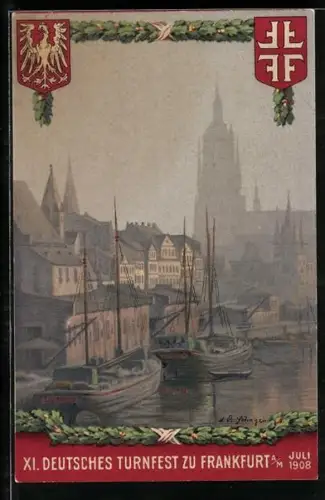 Künstler-AK Frankfurt, XI. Deutsches Turnfest Juli 1908 Wert 5 RPf