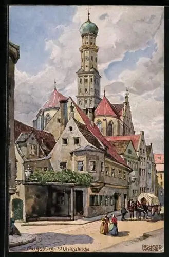 Künstler-AK Richard Wagner: Augsburg, St. Ulrichskirche mit Pferdegespann