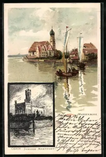 Künstler-AK Carl Biese: Wasserburg /Bodensee, Teilansicht, Schloss Montfort