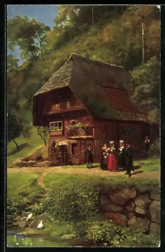 Künstler-AK H. Hoffmann: Badener im Shapbachtal beim Spaziergang