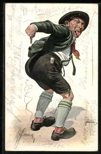 Künstler-AK Fritz Quidenus: Bauer zeigt auf seinen Hintern und streckt die Zunge heraus