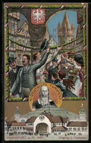 Künstler-AK Frankfurt a. M., Elftes deutsches Turnfest 1908 mit Wappen, Eingang und Festhalle