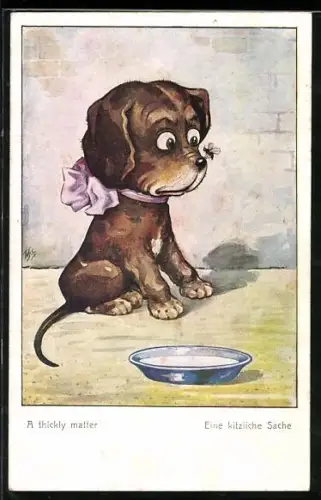Künstler-AK Willi Scheuermann: Eine kitzliche Sache, Hund mit Fliege auf der Nase