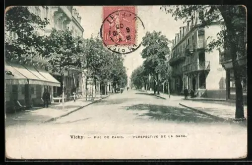 AK Vichy, Rue de Paris, Perspective de la Gare