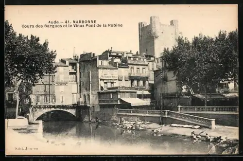 AK Narbonne /Aude, Cours des Barques et le Vieux Pont de la Robine