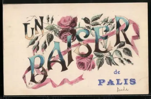 Künstler-AK Palis, Schriftzug Un Baiser mit Rosen