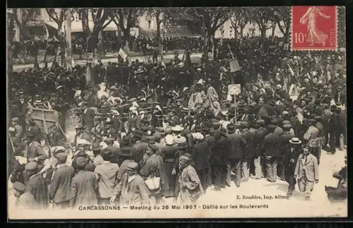 AK Carcassonne, Meeting de 1907, Défilé sur les Boulevards