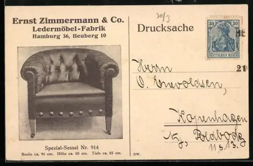 AK Hamburg, Reklame für Ledermöbel-Fabrik Ernst Zimmermann & Co., Heuberg 10