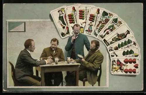 AK Drei Männer beim Kartenspiel und ein interessierter Zuschauer, Hand beim Skat