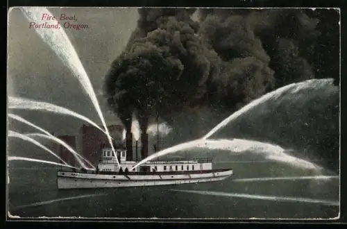 AK Portland, Oregon, Fire Boat der Feuerwehr unter Dampf mit aktivierten Wasserspritzen