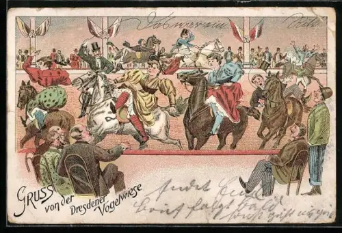 Lithographie Dresden, Dresdener Vogelwiese, Pferderennen