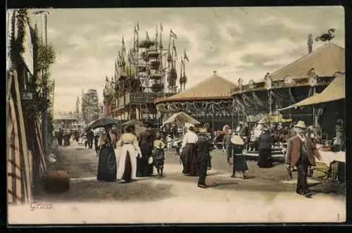 AK Dresdener Vogelwiese mit Besuchern und Karussells