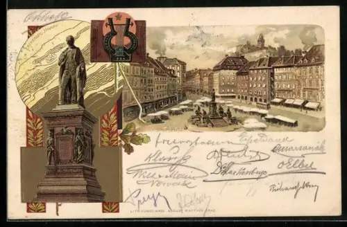Lithographie Graz, Haupt-Platz, Erzherzog Johann, Harfe