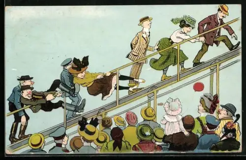 AK Volksfest, Besucher fallen auf der Attraktion Laufband