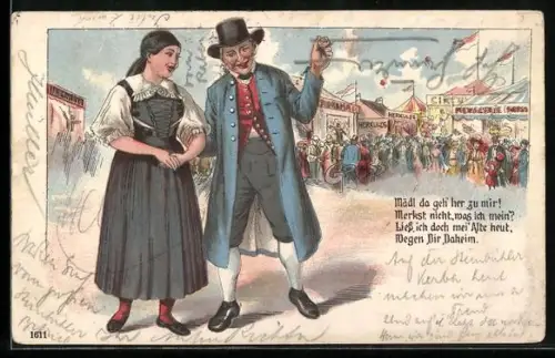 Lithographie Herr poussiert auf einem Volksfest mit einer jüngeren Frau