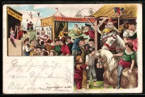 Lithographie Kasperl-Theater und Fischweib auf einem Volksfest
