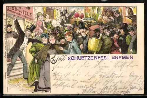 Lithographie Floh-Circus auf einem Volksfest