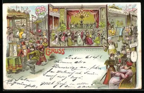 Lithographie Volksfest von der Kerbe, Schiessbude, Karussell, Tanzsaal