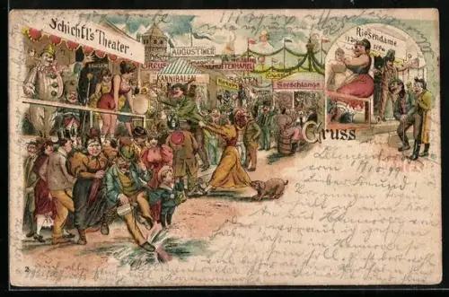 Lithographie Volksfest mit Schaustellern u. a. Schichtl`s Theater, Riesendame u. Kannibalen