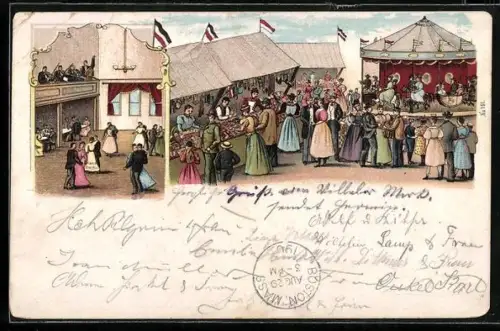 Lithographie Lich, Gruss von der Licher Kerb, Volksfest, Tanzsaal, Karussell