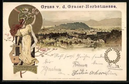 Lithographie Graz, Panorama des Ortes, Frau mit Harfe vor dem Ortswappen
