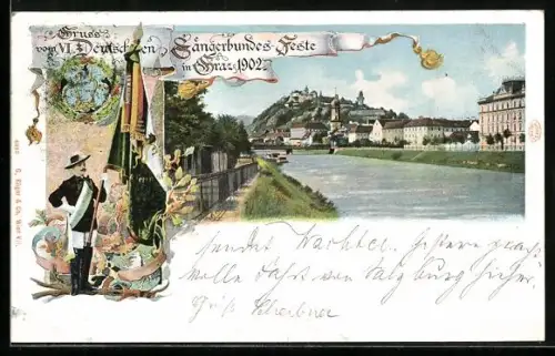 Lithographie Graz, Panorama, VI. Deutsches Sängerbund-Fest 1902, Sänger mit Lorbeerkranz, Fahne und Wappen
