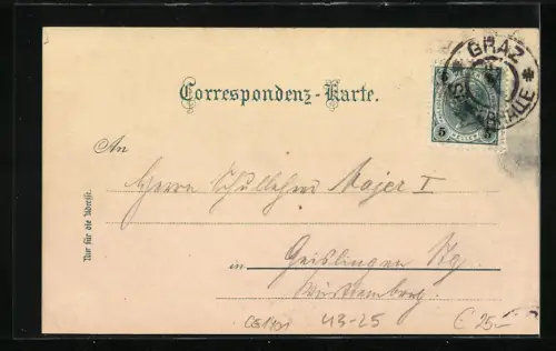 Lithographie Graz, Panorama, VI. Deutsches Sängerbund-Fest 1902, Sänger mit Lorbeerkranz, Fahne und Wappen