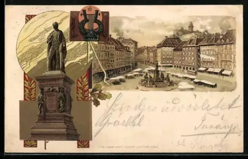 Lithographie Graz, Haupt-Platz, Erzherzog Johann, Harfe