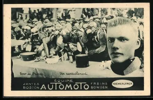 AK Reklame für Automoto, Radrennfahrer bei einer Pause