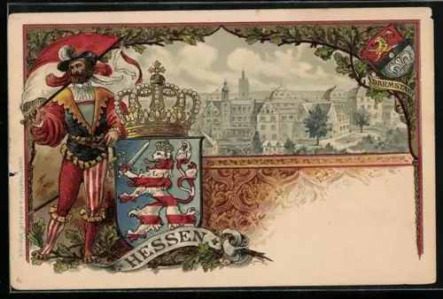 Passepartout-Lithographie Darmstadt, Totalansicht, Wappen