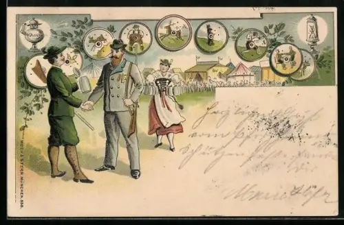 Lithographie Schützenfest mit Zielscheiben, Schankmagd mit Bierkrügen