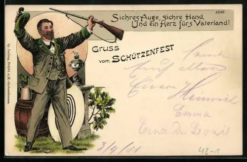 Lithographie Schützenfest, Schütze mit Gewehr und Zielscheibe