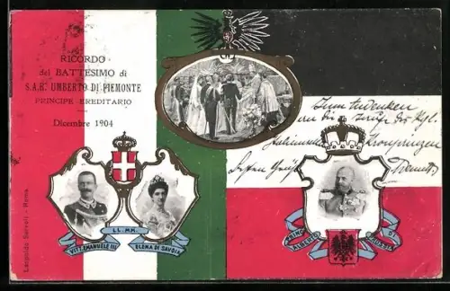 AK Battesimo di Umberto di Piemonte 1904, König Vittorio Emanuele von Italien, Prinz Albrecht von Preussen, Wappen