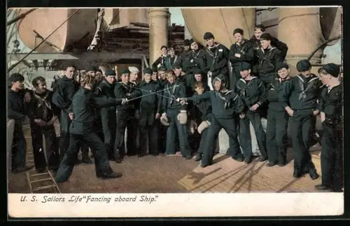AK U.S. Sailors Life Fancing aboard Ship, Fechtende Matrosen auf einem amerikanischen Kriegsschiff