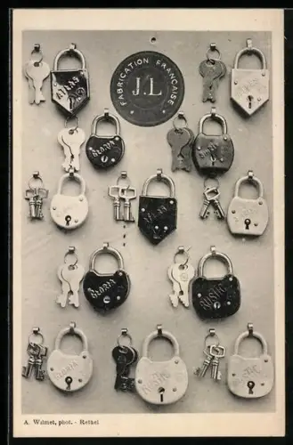 AK Modelle verschiedener Vorhängeschlösser französischer Fabrikation, Reklame