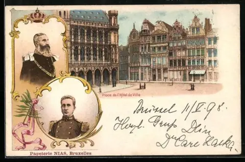 Lithographie Portrait König von von Belgien, Place de l`Hotel de Ville