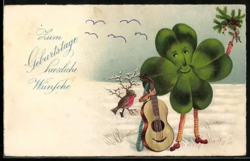 AK Namenstag, Kleeblatt hält eine Gitarre und Zweige in der Hand, Rotkehlchen