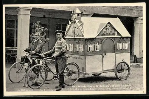 AK Karl Schneider und Sohn, Selbstgebautes Wohnhaus auf dem Fahrrad, Expedition