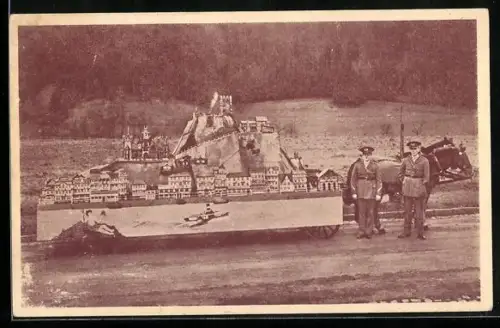 AK Königswinter, Drachenfels und Königswinter mit den beiden Schwerkriegsbeschädigten H. Keller & A. Plück, Stadttyp