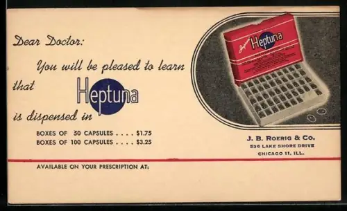 AK Chicago, IL, Heptuna Capsules by J. B. Roerig & Co.